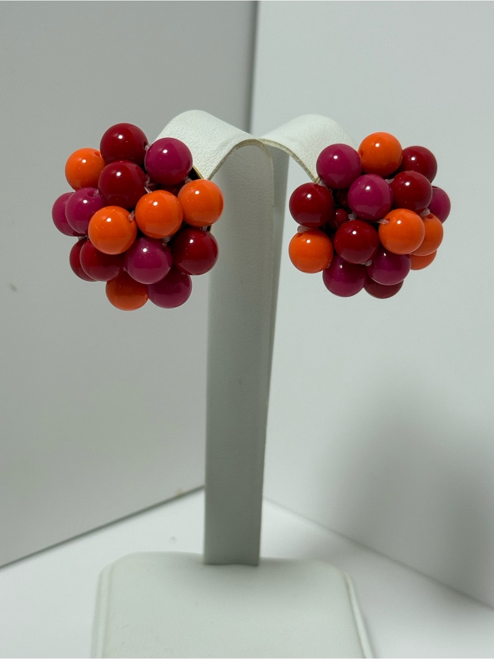 Vintage Cluster Bead Button Earrings in Fuchsia & Orange